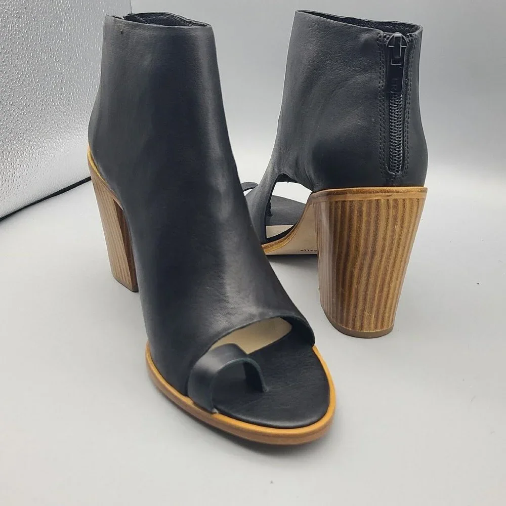 Loeffler Randall Gigi Bootie Heel Black Leather Toe Ring Open Boots Sz 10